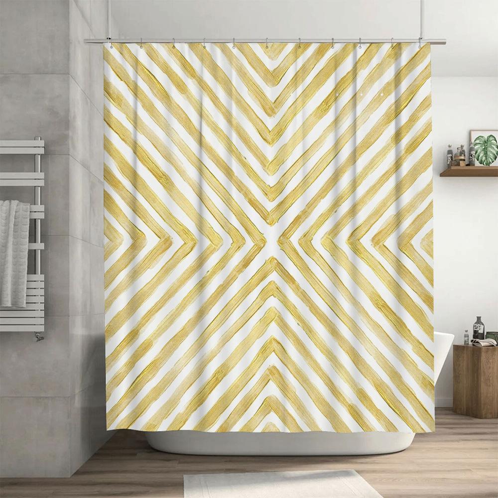 Gold Chevron Shower Curtain Waterproof Bathroom Decor Customizable Size Water Repellent Striped Fabric Shower curtain Set