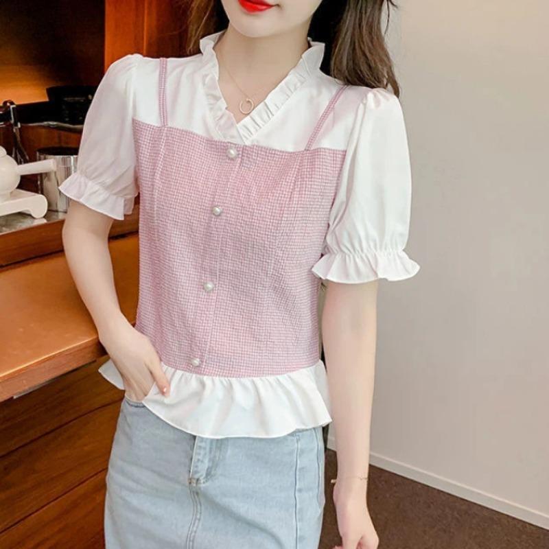 Short-sleeved Shirt for Women Summer New Design Sweet V-neck Fake Two-piece Top