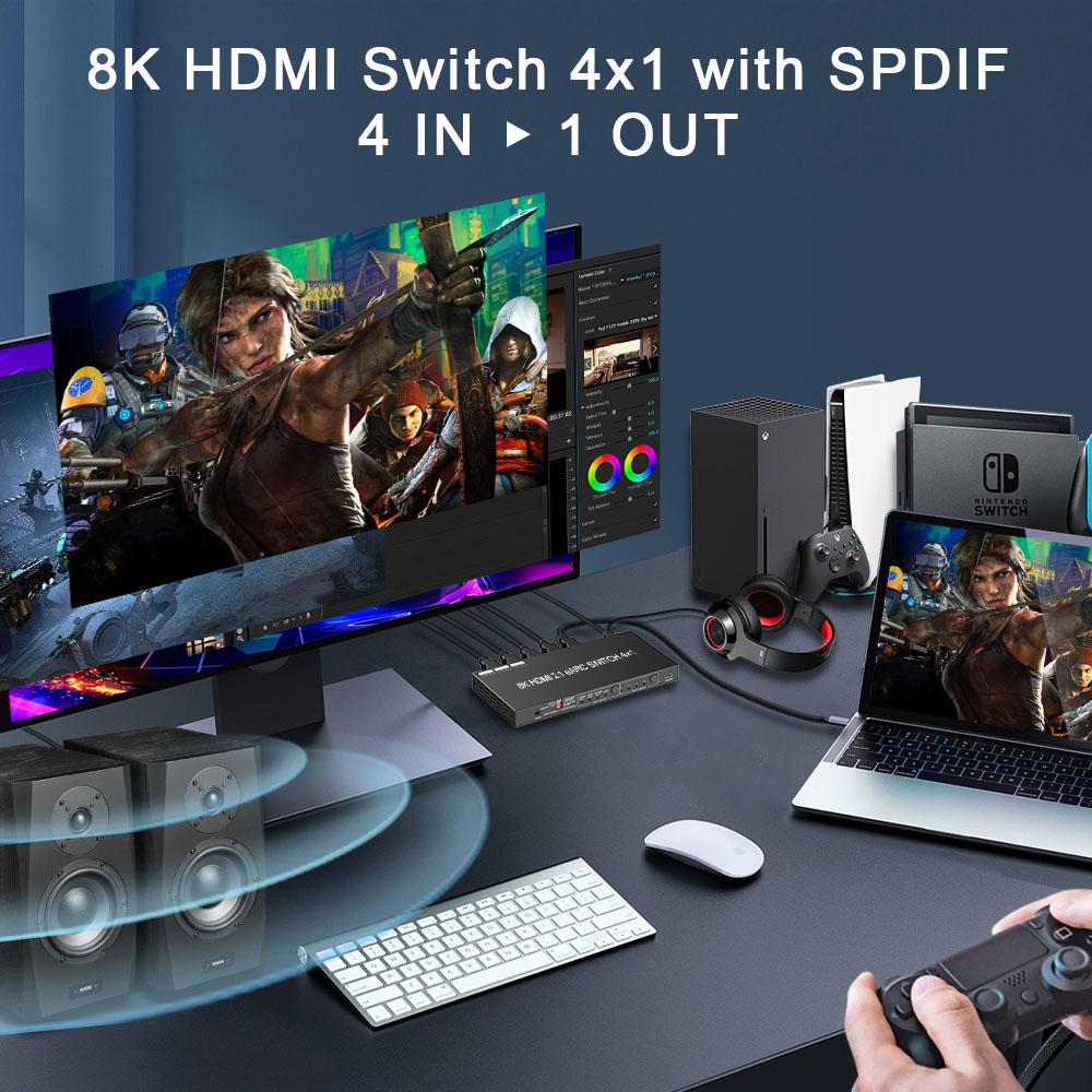 8K HDMI 2.1 Switch EARC Audio Extractor 4 in 1 Out SONOS ARC or AV Receiver SPDIF EDID HDMI Switch for Soundbar