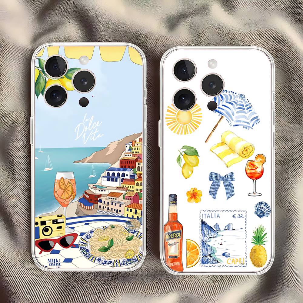Seaside Scenery Wine Lemon Phone Case For IPhone 17 16 15 14 Plus 13 12 11 Pro Max Phone Back Cover Transparent Shockproof Cover