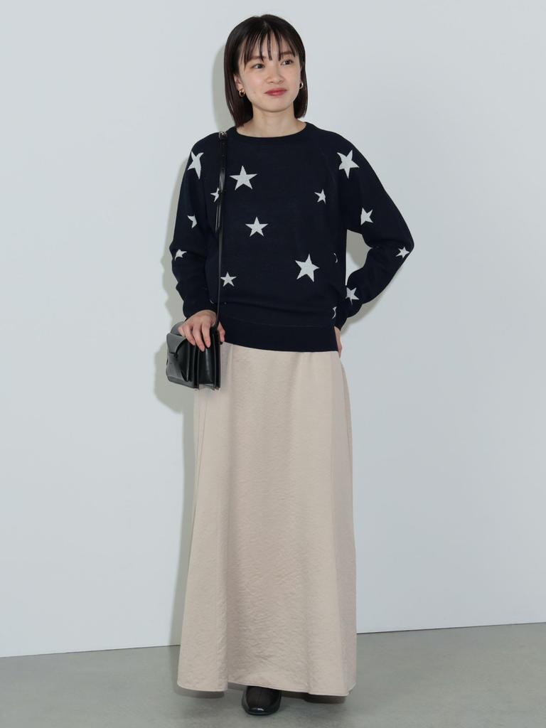 Beams Heart Star Print Crew Neck One Size Women's L/S Knit, Navy,