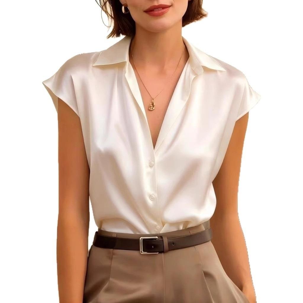 Women's Satin Short Sleeve Polo Shirt, Elegant Casual Top for Spring Summer