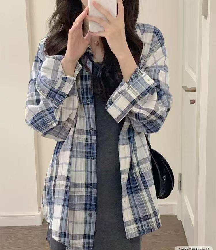 

Женская ретро синяя клетчатая рубашка-поло с длинным рукавом и защитой от солнца M