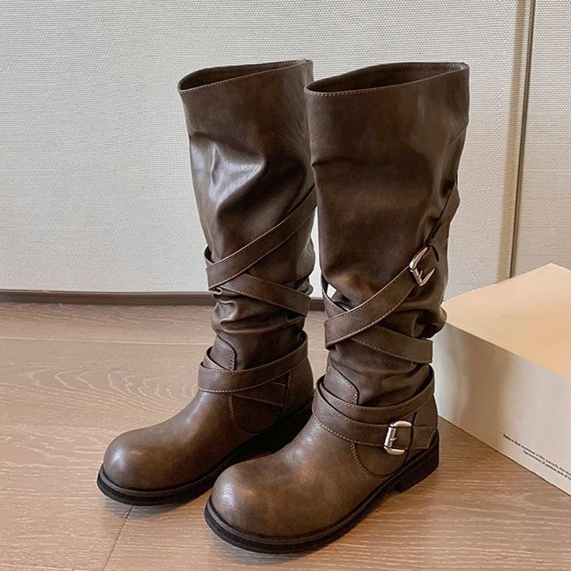 3.5Cm thick heel large tube circumference old belt buckle round head stack knight boots 2026 autumn new