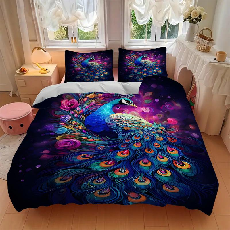 3pcs Animal-themed Peacock Flowers Soft and Comfortable Breathability, Bedding Set, Machine Washable, Suitable for All Seasons148