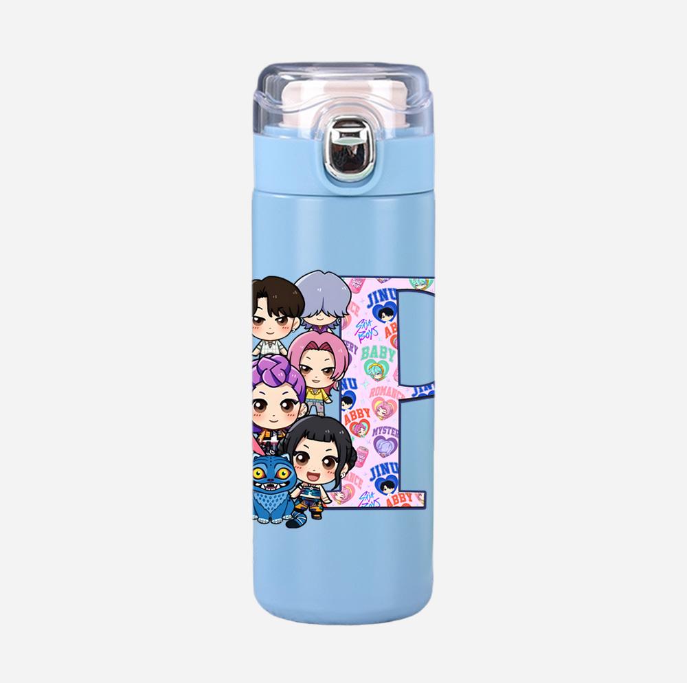 Anime K-Pop 26 English Letter Demon Hunters Printed 400Ml Water Bottle Thermos Cup Portable Stainless Steel Leak Proof Camping Water Cup Kid Gift