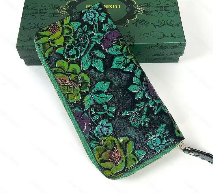 

Винтажный Кожаный Кошелек с Гравировкой Женский Длинный Кошелек с Гравировкой в Национальном Стиле Картхолдер Кожаная Сумка Женский Клатч