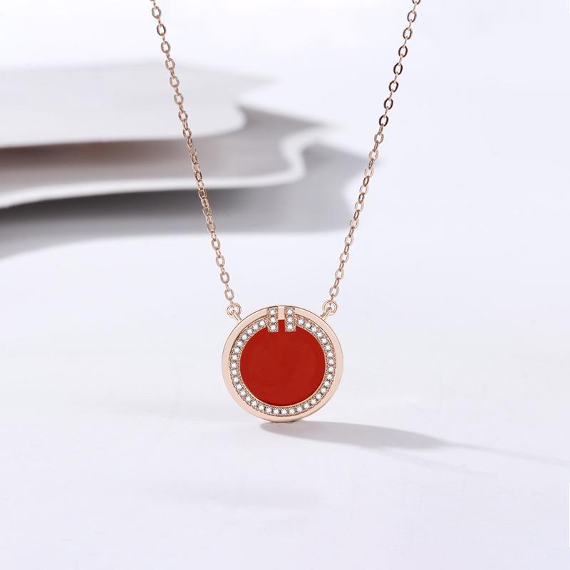 

Women s 925 Sterling Silver Roman Circle Necklace with Mother-of-Pearl, Diamond-Set Red Agate Pendant, and Clavicle Chain. 925 Sterling Silver