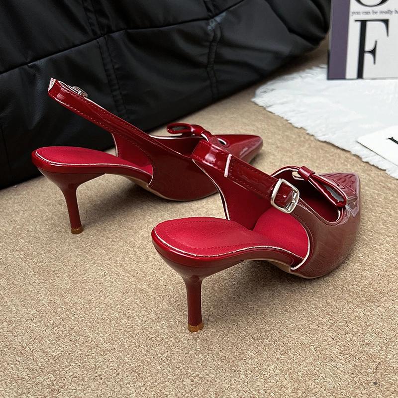 2025 Modern Office Women's Shoes Red Wedding Backless Pointed Butterfly Decoration Women High Heeled Sandals Pumps