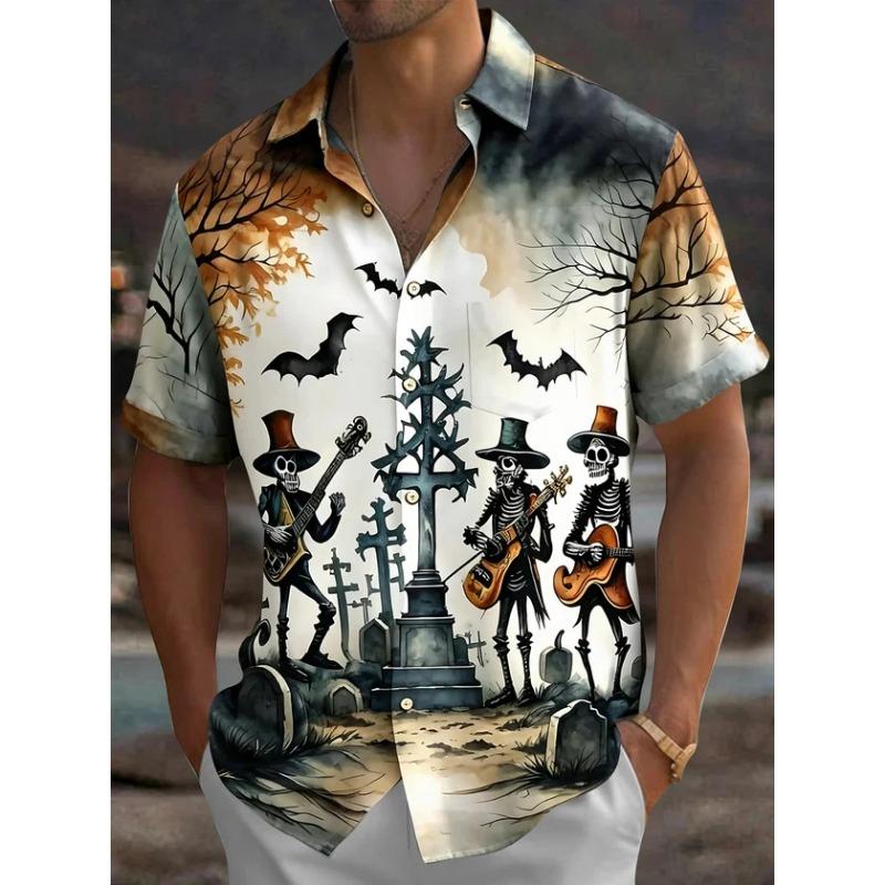 2026 Neues Herrenhemd Halloween Kürbis Vollprint Umlegekragen Kurzarm Oberteil Lässige Streetwear Strandurlaub Herren Bekleidung 4XL black
