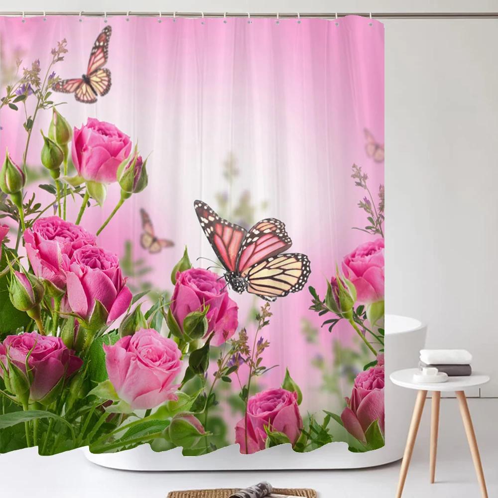 1Pcs Fresh Flowers Style Waterproof Shower Curtain, Blue Butterfly Of Flower Bathroom Decoration Curtain, With Plastic Hooks