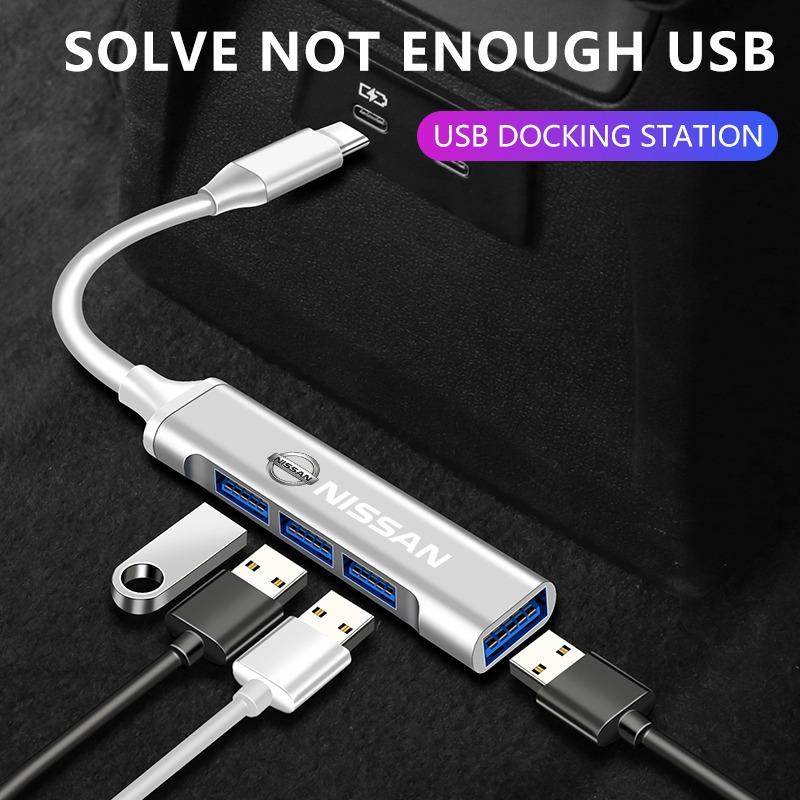 1Pc Type-C Turn USB Adapter Multi Port Distributor Hub Car Goods For Nissan Nismo Qashqai X J10 Trail Tiida Teana Skyline Juke X-trail Almera