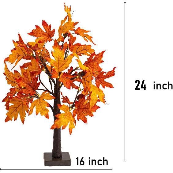 Dazzle Bright 2 Pack 24 Inch Lighted Thanksgiving Fall Maple Tree Decor, 24 LED Battery Operated Decorations Artificial Tree with Timer for Indoor