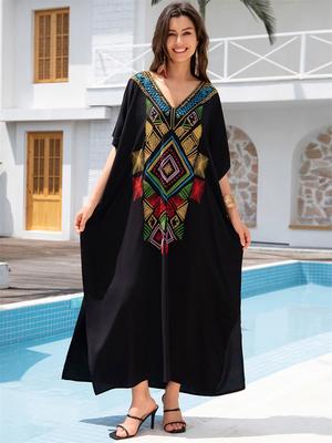 Robe longue de plage ample à col en V et manches chauve-souris pour femme, style ethnique chic, broderie, Kaftan noir, été 2024, Q1694