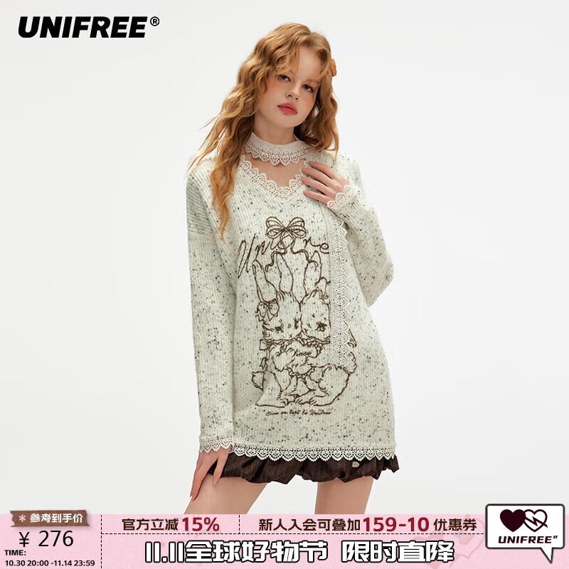 

UNIFREE Sweet Childlike Print Lace Trim V-Neck Knit Sweater with Scarf M