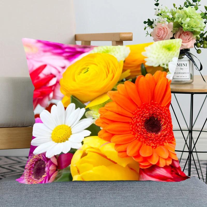 Neuankunft Gerbera Blumenkissenbezug Schlafzimmer Home Office Dekorative Kissenhülle Quadratisch Reißverschluss Kissenbezüge Satin Weich Kein Ausbleichen