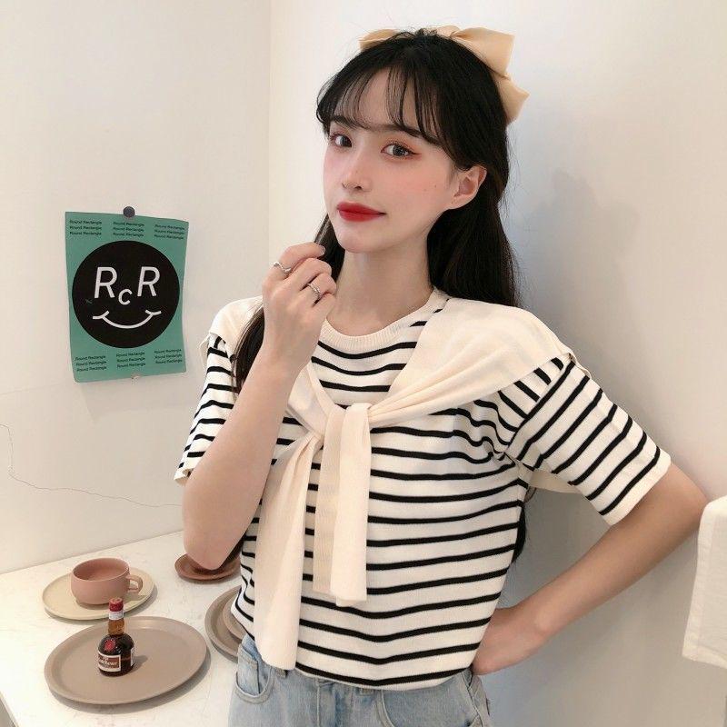 Summer 2024 Women's Fashion: Western-Style Striped Short-Sleeved Shawl T-Shirt