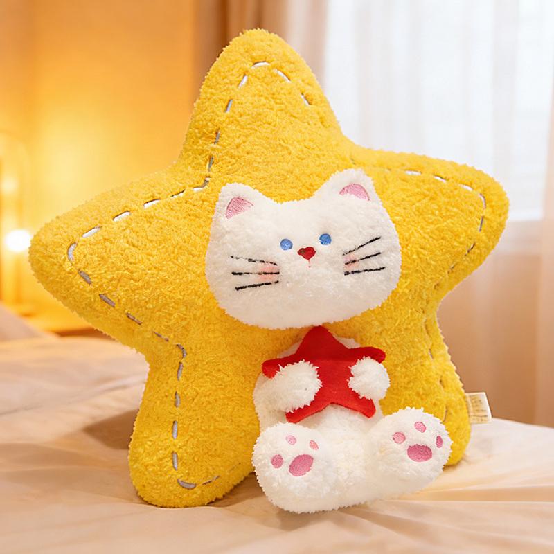 Cute Star Shape Cat Plush Cushion With Smiling Character Face And Pink Star Accent Soft Stuffed Toy Charming Creative