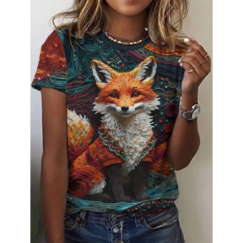 Women's Short-sleeved Round-neck T-shirt with Fox Pattern Print