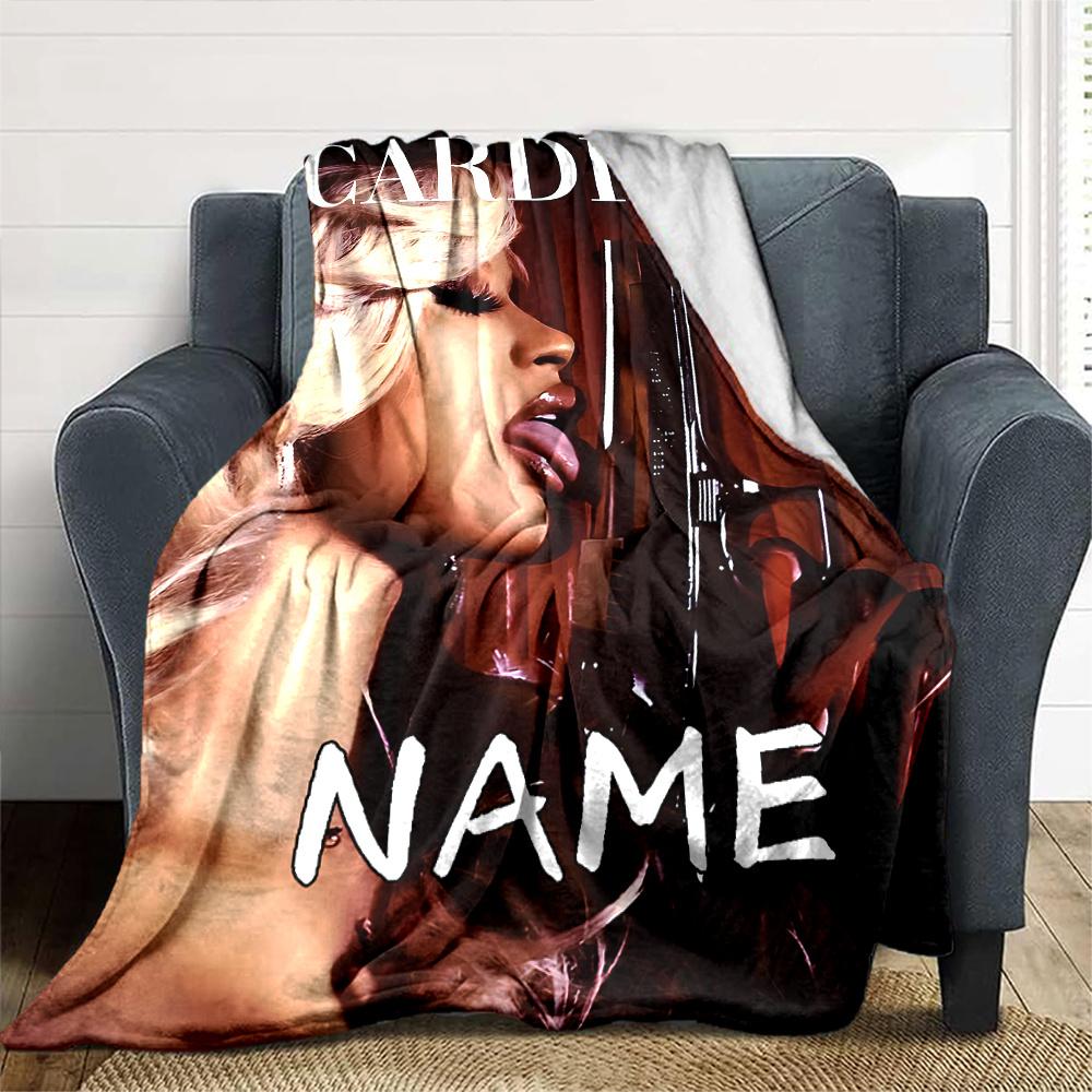 Cardi B Portrait With Gun Four Seasons Blanket Customized With Your Name Lightweight And Warm Perfect Gift For Home Office Camping Sofa Travel Beach