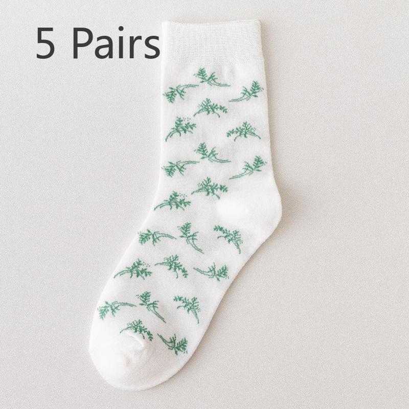 5 Pairs Socks Women's Autumn and Winter Mori Green Mid-calf Socks White Trend High Top Socks Cotton Socks Dotted Plaid Stockings