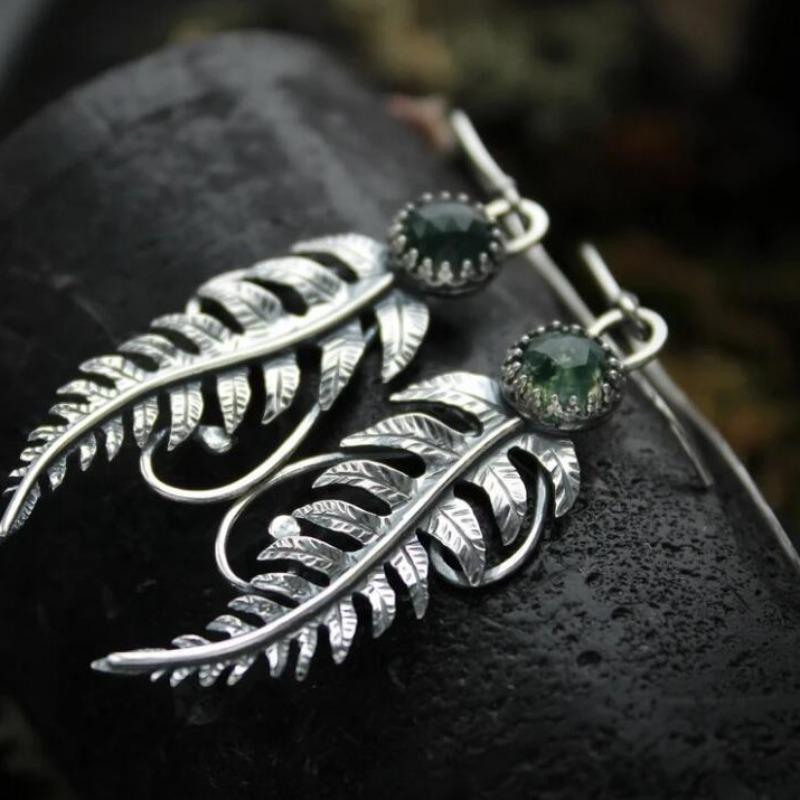 Vintage Silver Color Feather Round Green Stone Leaf Dangle Earrings for Women