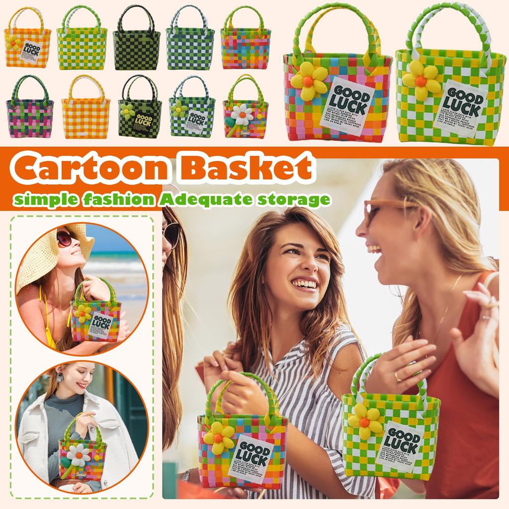 Letní pletený košík Ruční košík DIY Plážová foto taška Plastový pletený košík Suvenýr Malý čtvercový košík na zelí