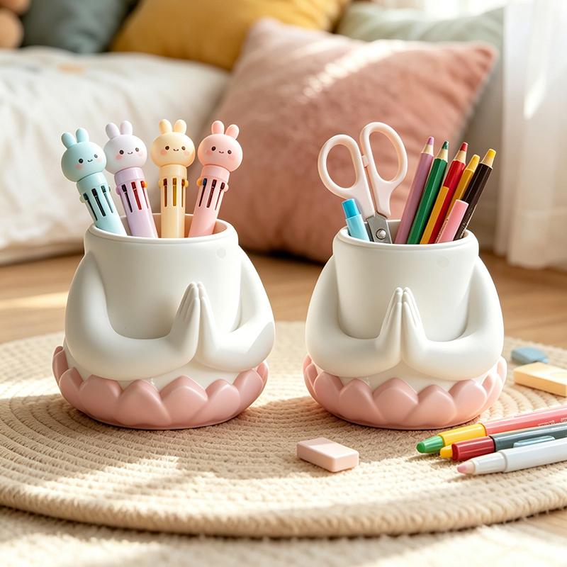 Kawaii Buddha Hands Resin Pen Holder Lotus Design Abs Organizer for Office Desk Stationery Storage Home Bedroom Desktop Decor