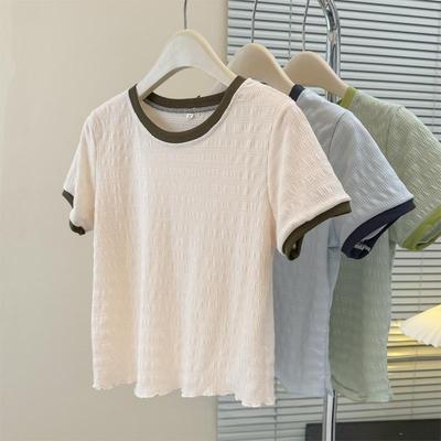 Women's Fashion Casual Summer Spring Colour Block Print Short Sleeve O-Neck Blouses Shirts