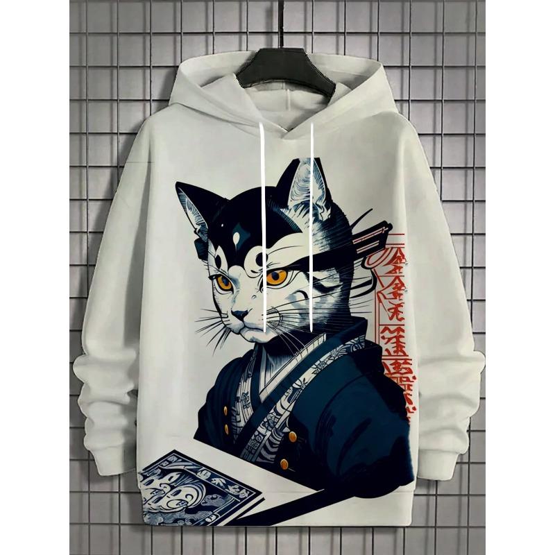 Japanese Samurai Cat Hoodie For Men Autumn And Winter Fashion Hoodie Casual Men's Long Sleeved T-Shirt Oversized Streetwear 5xl