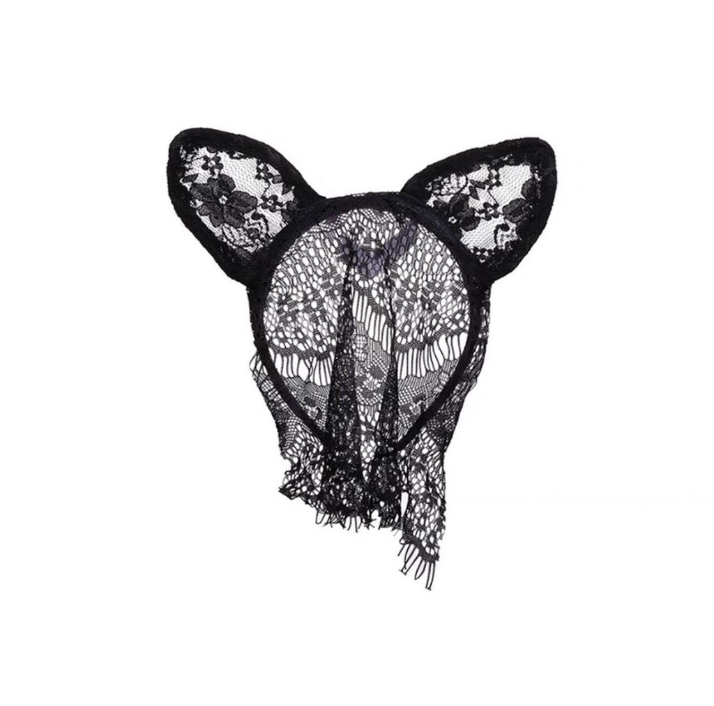 Black Sexy Cat Ears Headband Female Lace Mask Eye Mask Face Mask Mesh Veil Hair Accessories Halloween Headgear
