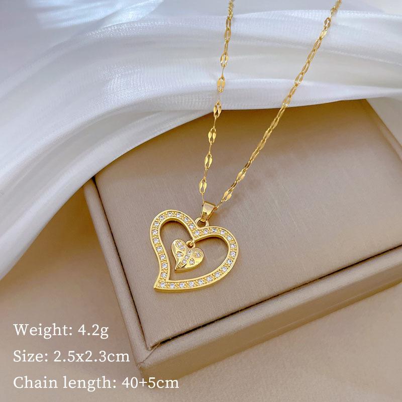 

Double Love Zircon Light Luxury Temperament Gorgeous Full Diamond Necklace Female Versatile Collarbone Chain Titanium Steel Chain