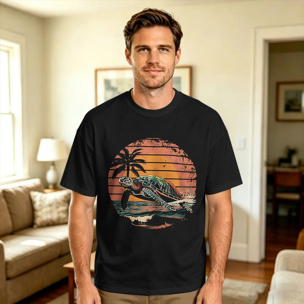 Harajuku T Shirt Summer Sunset Beach Sea Turtle Graphic Fashion TShirts 100 Cotton Tshirt for Male Y2K Casual Short Sleeve Tops