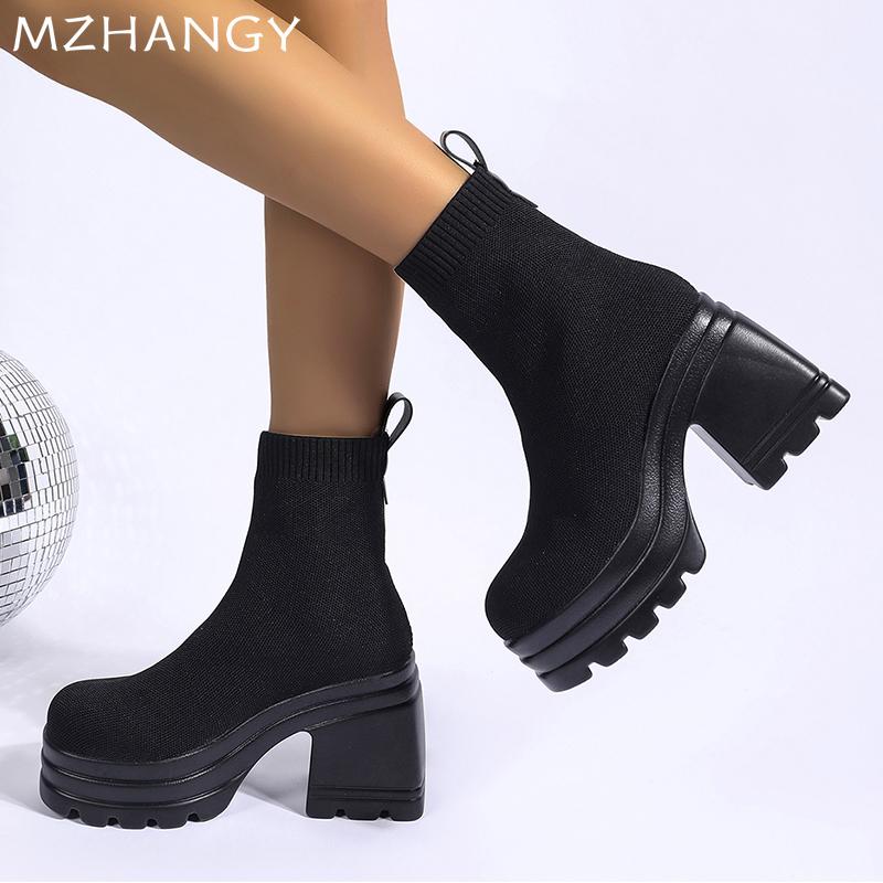 fashion Platform Women Thick Sock Bootsl Elegant High Heels Shoes Woman 2025 Trend Fashion Knitting Cozy Dress Ankle Boots Mujer Botas