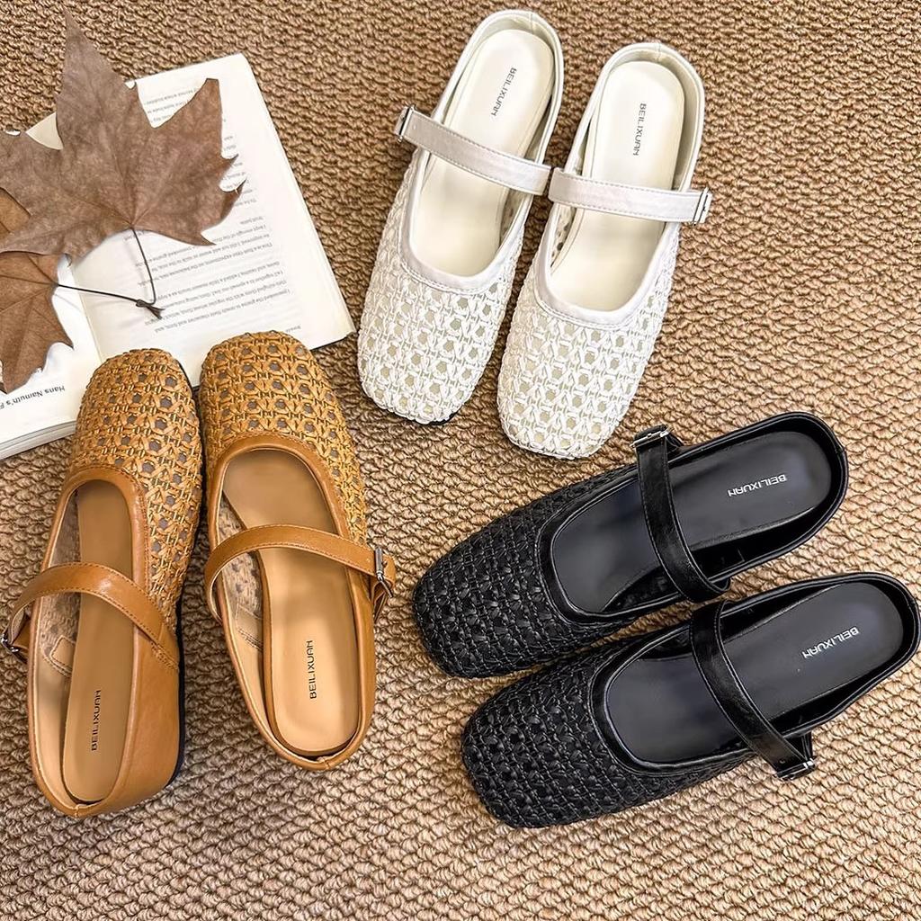 Piękne platformy na koturnie, buty z siatki rybackiej, zakryte palce, półkapcie damskie na lato 2025, nowe ażurowe buty, klapki Muller, fajne klapki