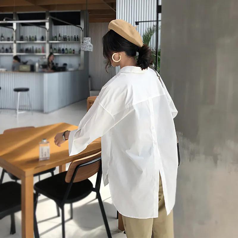 WTEMPO Women White Large Size Shirt Lapel Casual Solid Long Sleeve Buttons Asymmetrical Tops Autumn Loose Commute Shirts