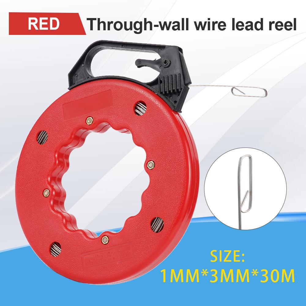 30M 3mm Flat Head Fish Tape Spring Steel Electrical Wire Puller Cable Threader Electrician Wiring Tool Red Plastic Case