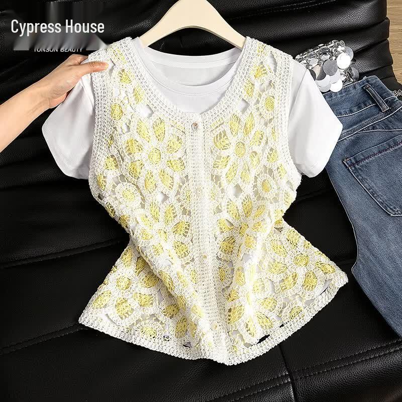 Women s Round Neck Layered Hollow Knit Vest One Size