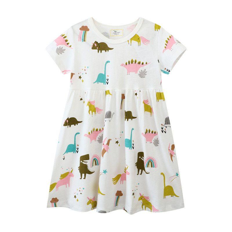 In-Stock Girls' White Dress 2024 New Summer Full-Print Dinosaur Children's Baby Princess Dress Foreign Trade Children's Clothing