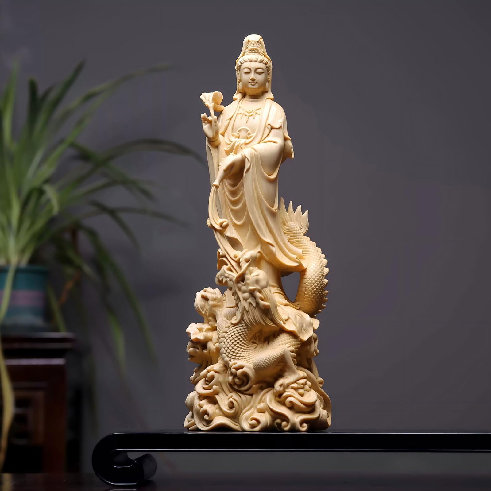 Wooden Buddha Statue [Kannon Statue, Dragon-Riding Kannon, Dragon Kannon] 30cm, Made of High-Quality Cypress Wood, Good Fortune, Protection from Evil,