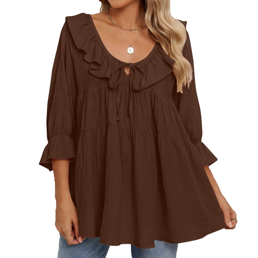 Women's V Neck Three Quarter Sleeve Ruffle Blouse Loose Fit Casual Solid Color Tunic Top