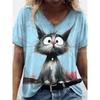 V-neck Short Sleeved T-shirt, Fashionable Women's T-shirt, Cat Print Pattern, Summer Oversized Clothing, Women's T-shirt