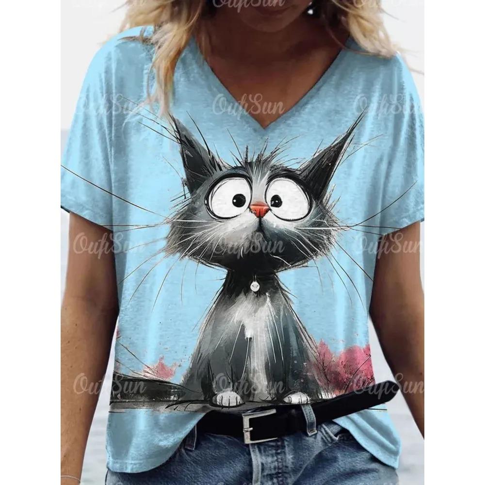 V-neck Short Sleeved T-shirt, Fashionable Women's T-shirt, Cat Print Pattern, Summer Oversized Clothing, Women's T-shirt
