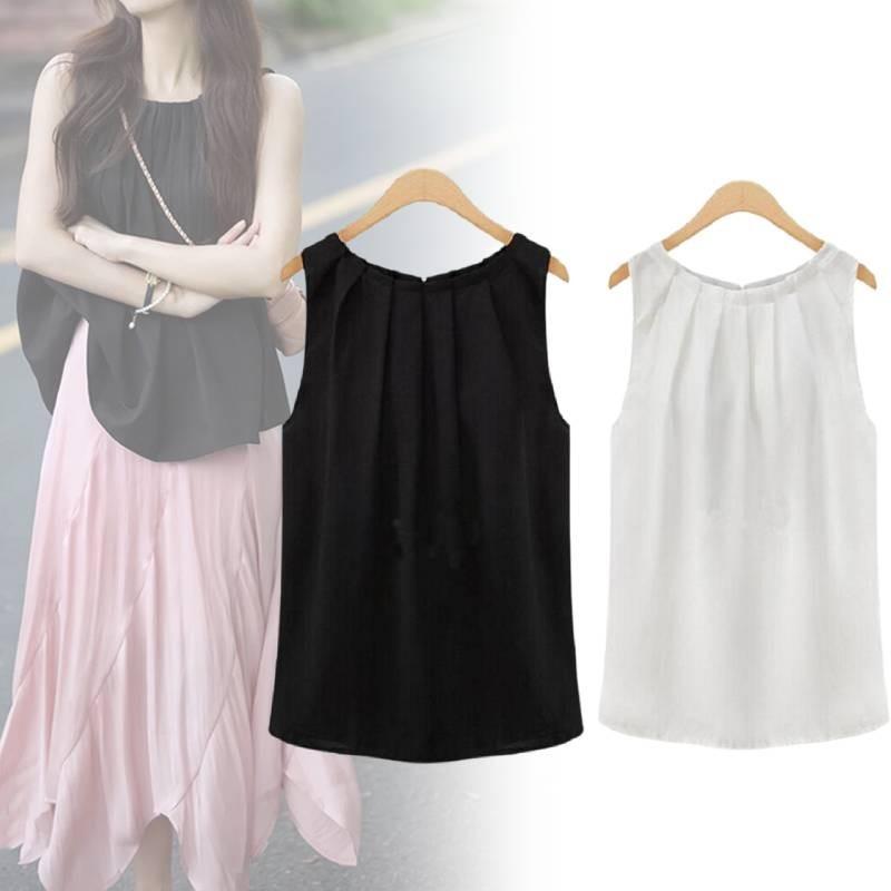 Chic Sleeveless Chiffon Tank Top Elegant Round Neck Pullover For Women