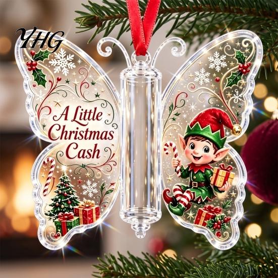 Festive Tree Hanging Decor Butterfly Cash Gift Ornament, Christmas Money Holder with Gifts for Family Friends Print, Acrylic Pendant Surprise Giving,