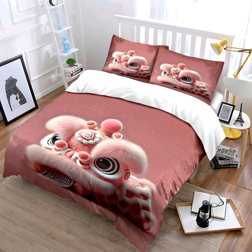 Adorable Pink Furry Lion Dance Print Bedding Set 1 Duvet Cover 2 Pillowcases for Adult and Children Luxury Gift Full Size