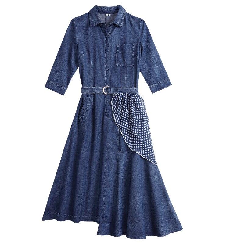 Johnature Women Denim Dresses Autumn Button Turn-down Collar Female Vintage Dress
