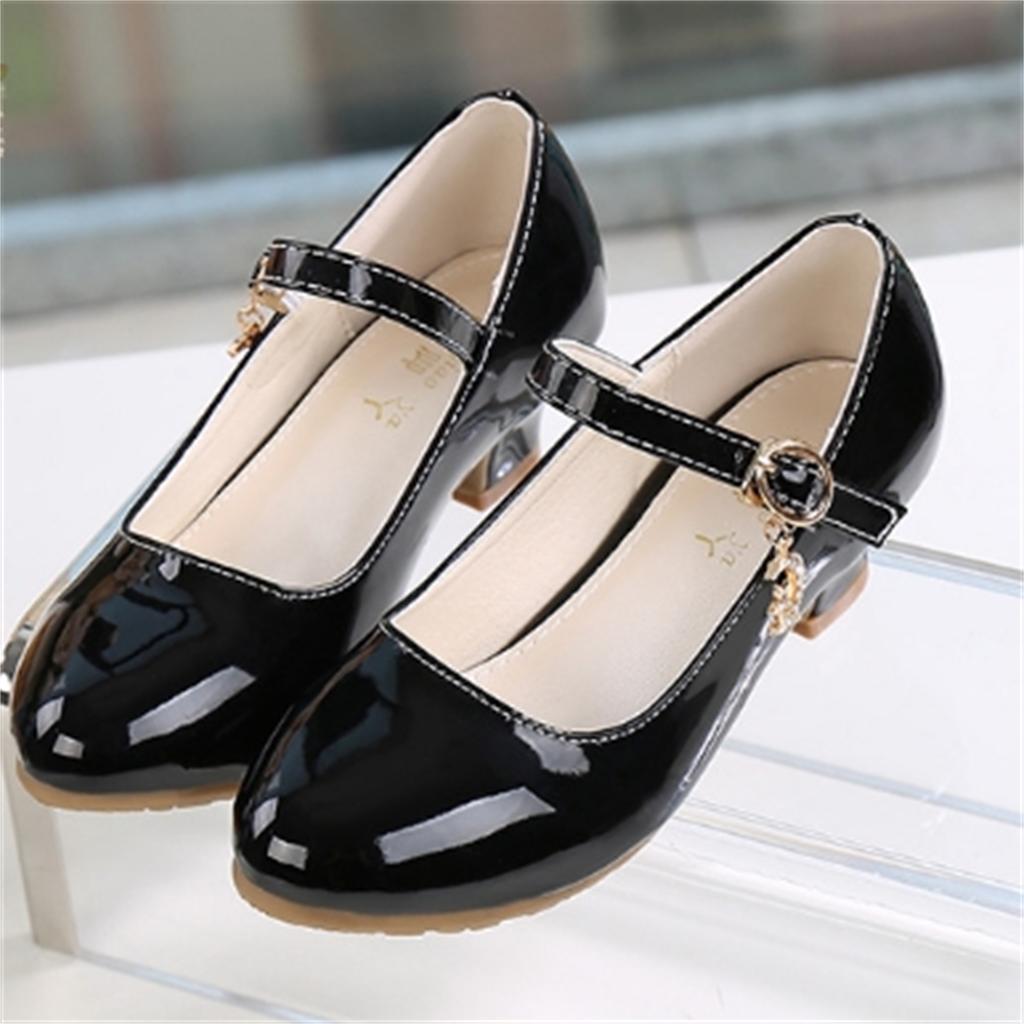 Spring and Autumn New Sparkling Pink Girls' High Heel Princess Shoes Korean Edition Student White Performance Leather Shoes