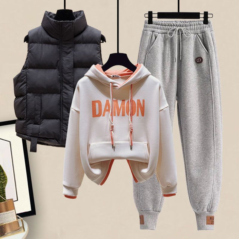 Plysj Tykk Hettevest Casual Sportbukser Moteriktig Student Sportssett Vinter Treningsdress Antrekk