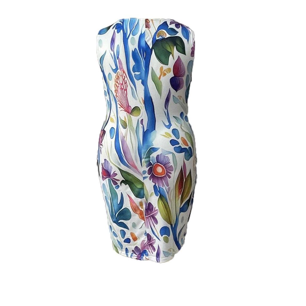 Women's Sleeveless Round Neck Print Elegant Tight Knee-length Dress